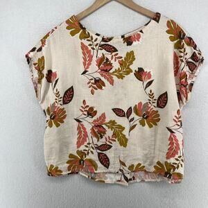 RACHEL ZOE Top S Linen Floral Blouse Button Back Boxy Boho Cap Sleeve Beige